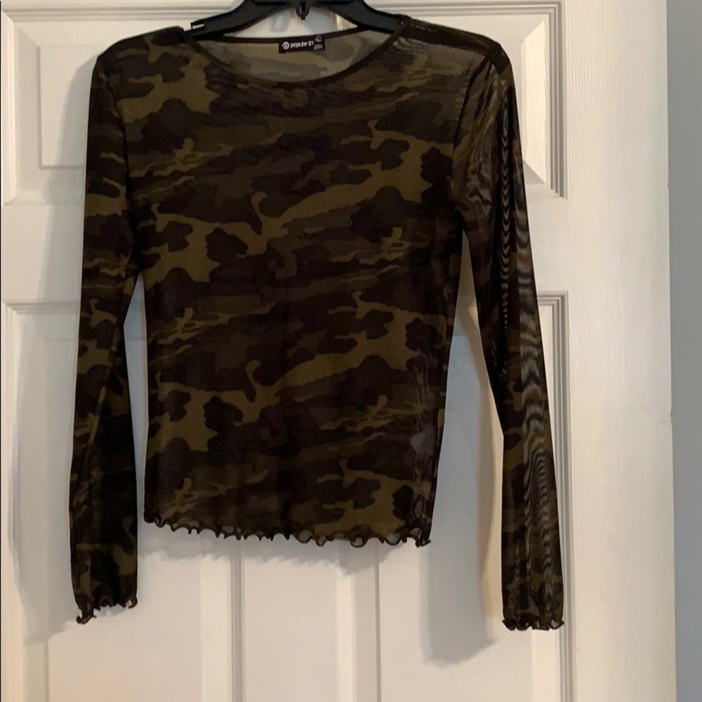 Camo mesh long sleeve top